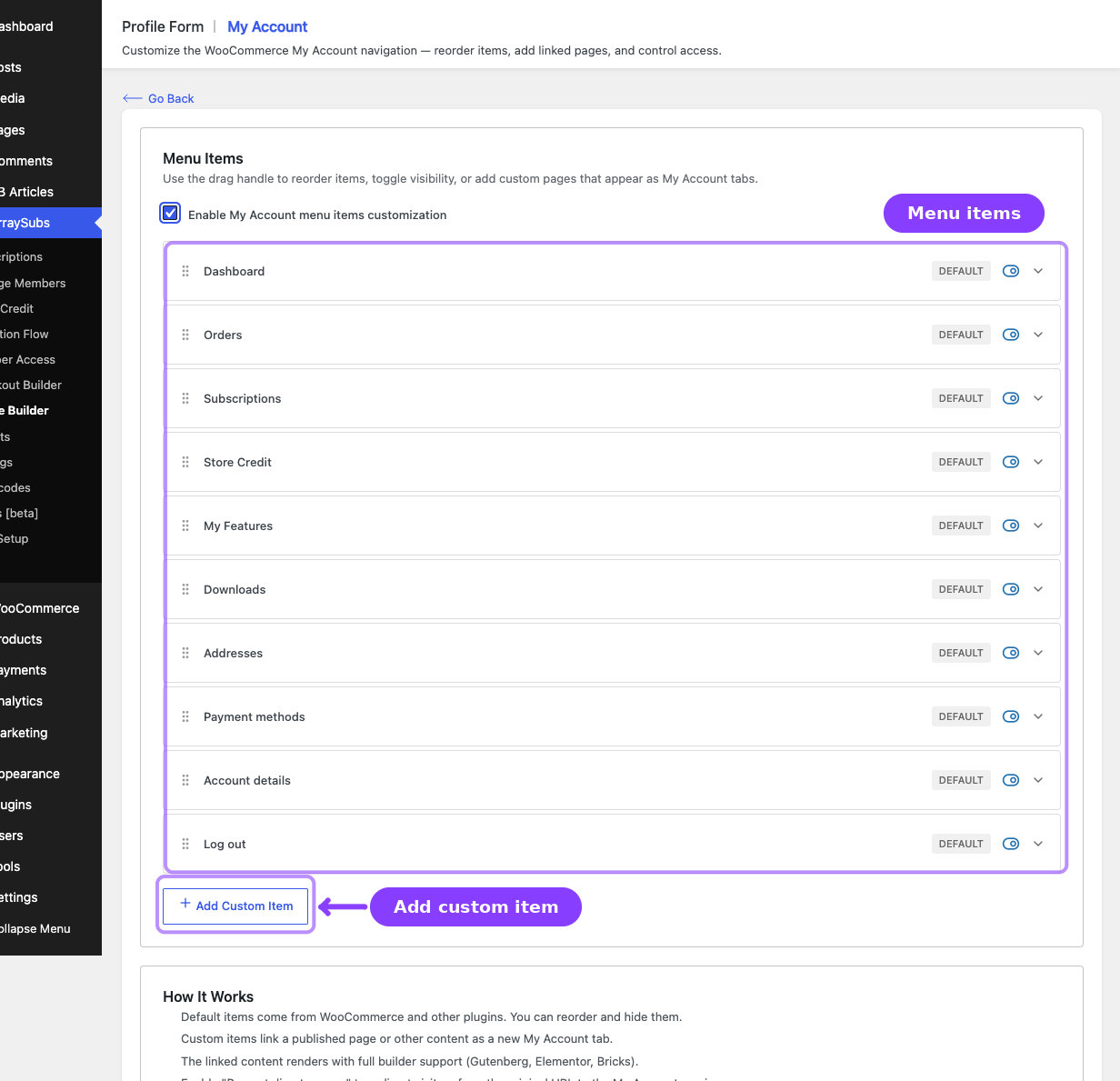 Menu items editor — drag handles, visibility toggles, and Add Custom Item
