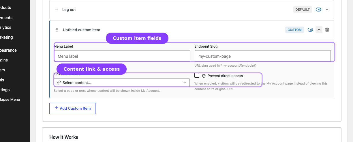 Custom endpoint fields — Menu Label, Endpoint Slug, Linked Content, and Prevent direct access