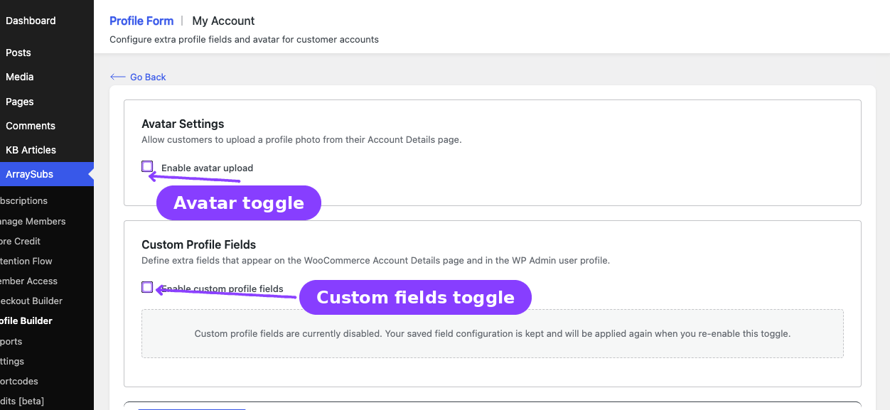 Profile Form page — Avatar toggle and Custom profile fields toggle