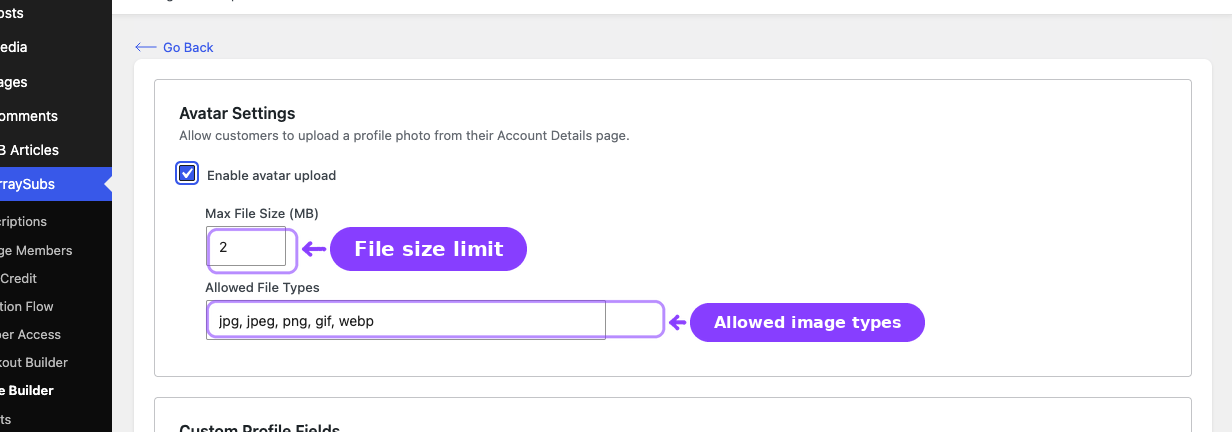 Avatar Settings — file size limit and allowed image types