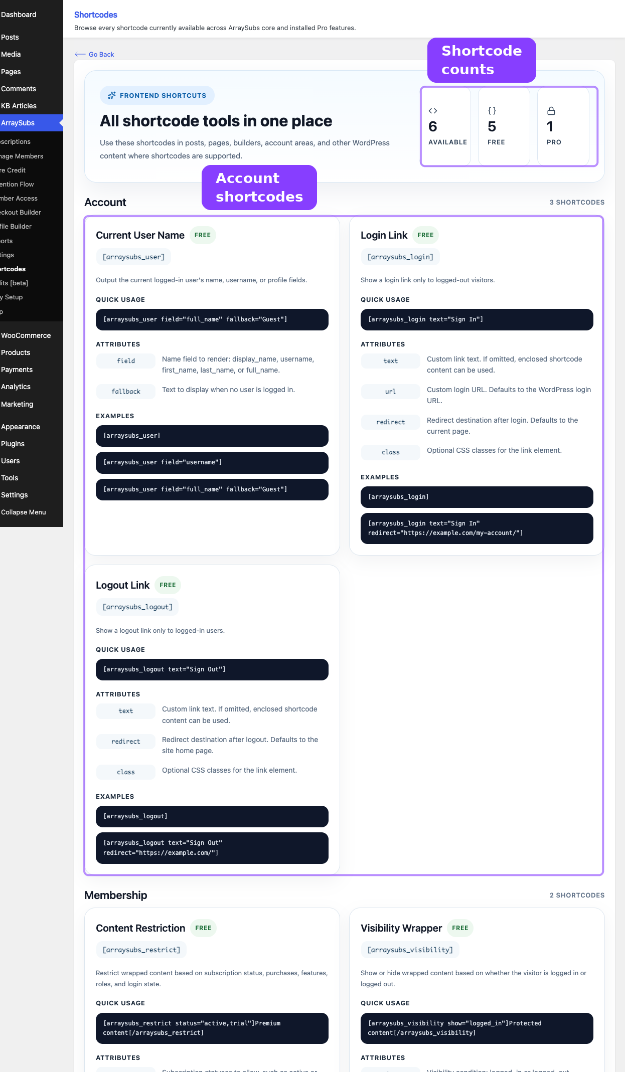 Shortcodes catalog — summary cards and Account shortcode group