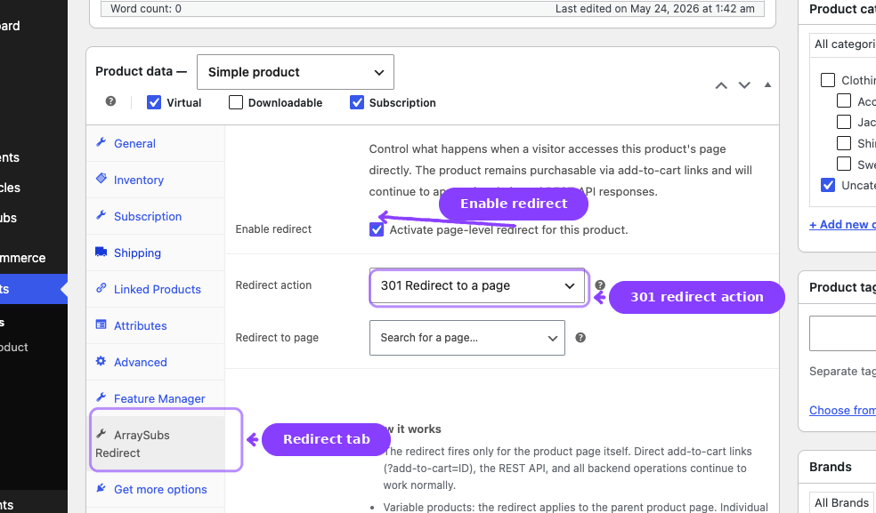 ArraySubs Redirect tab — Enable redirect and 301 redirect action