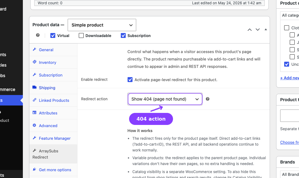 Redirect panel — Show 404 action selected