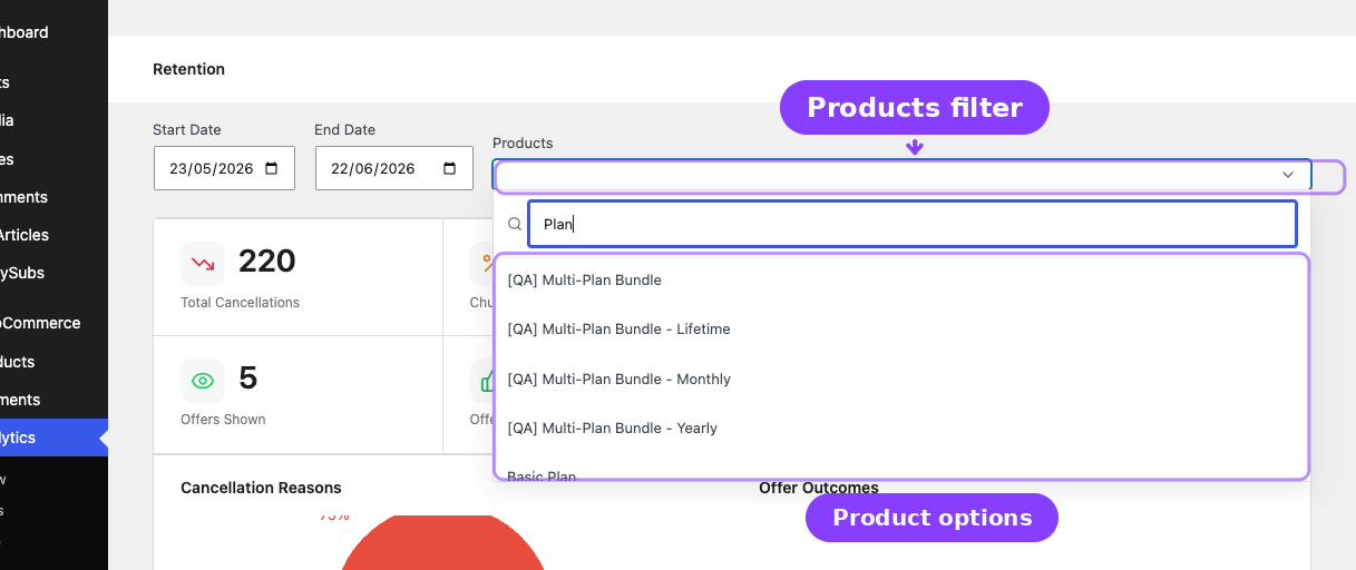 Products filter — searchable dropdown with product options