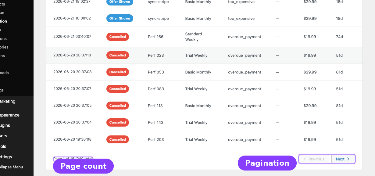 Activity Log pagination — page count footer and Previous/Next controls
