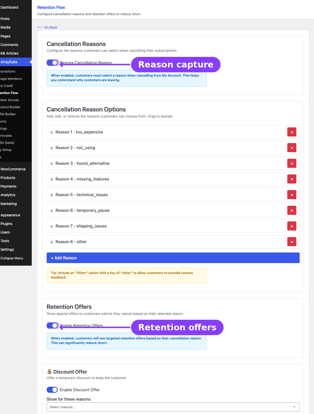 Retention Flow admin page — reason capture and retention offers