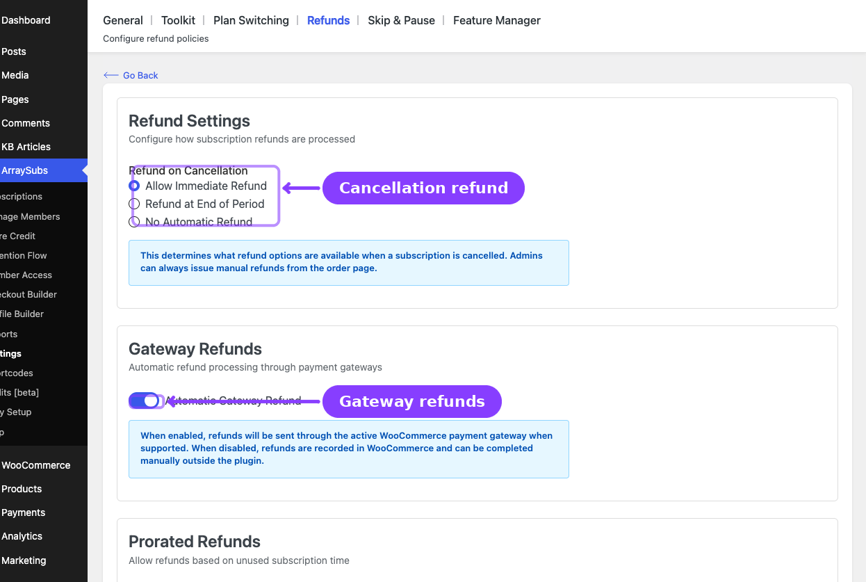 Refunds settings — cancellation refund policy and gateway refunds