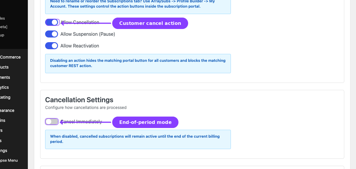 Customer Actions — Allow Cancellation switch and End-of-period mode