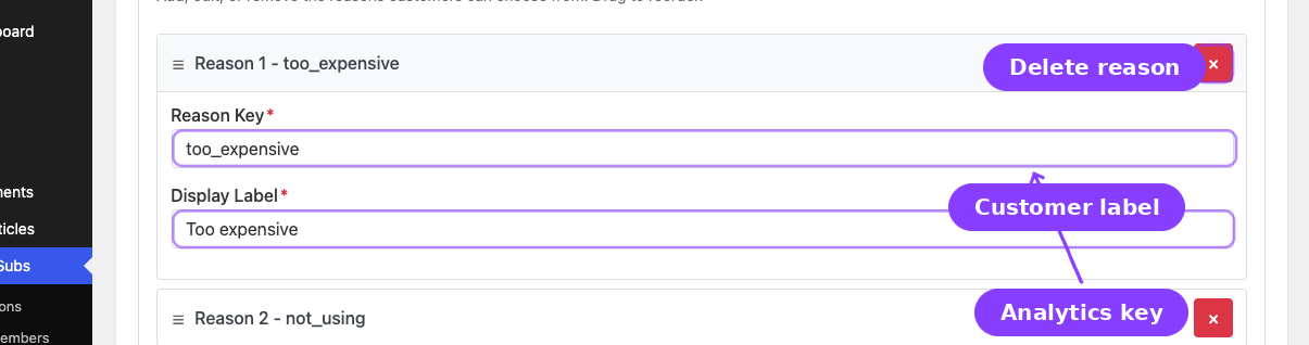 Cancellation reason editor — Reason Key, Display Label, and Delete button