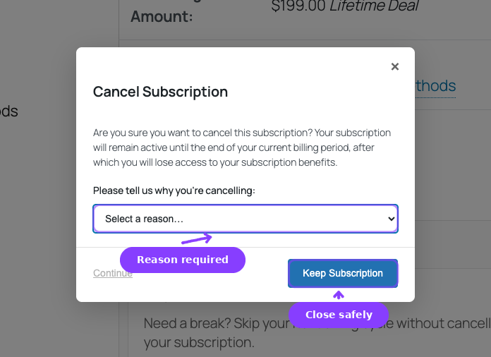 Cancellation modal — reason dropdown and Keep Subscription button