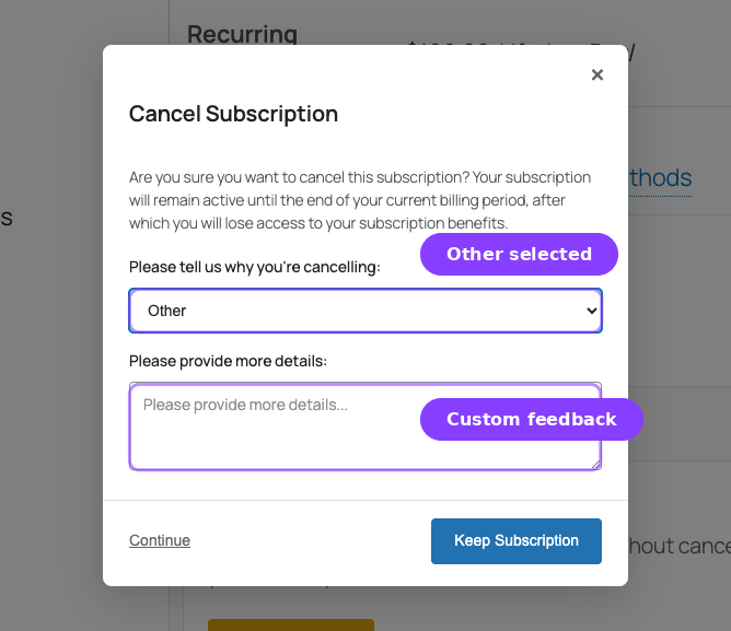 Cancellation modal with Other selected — details textarea and enabled Continue link