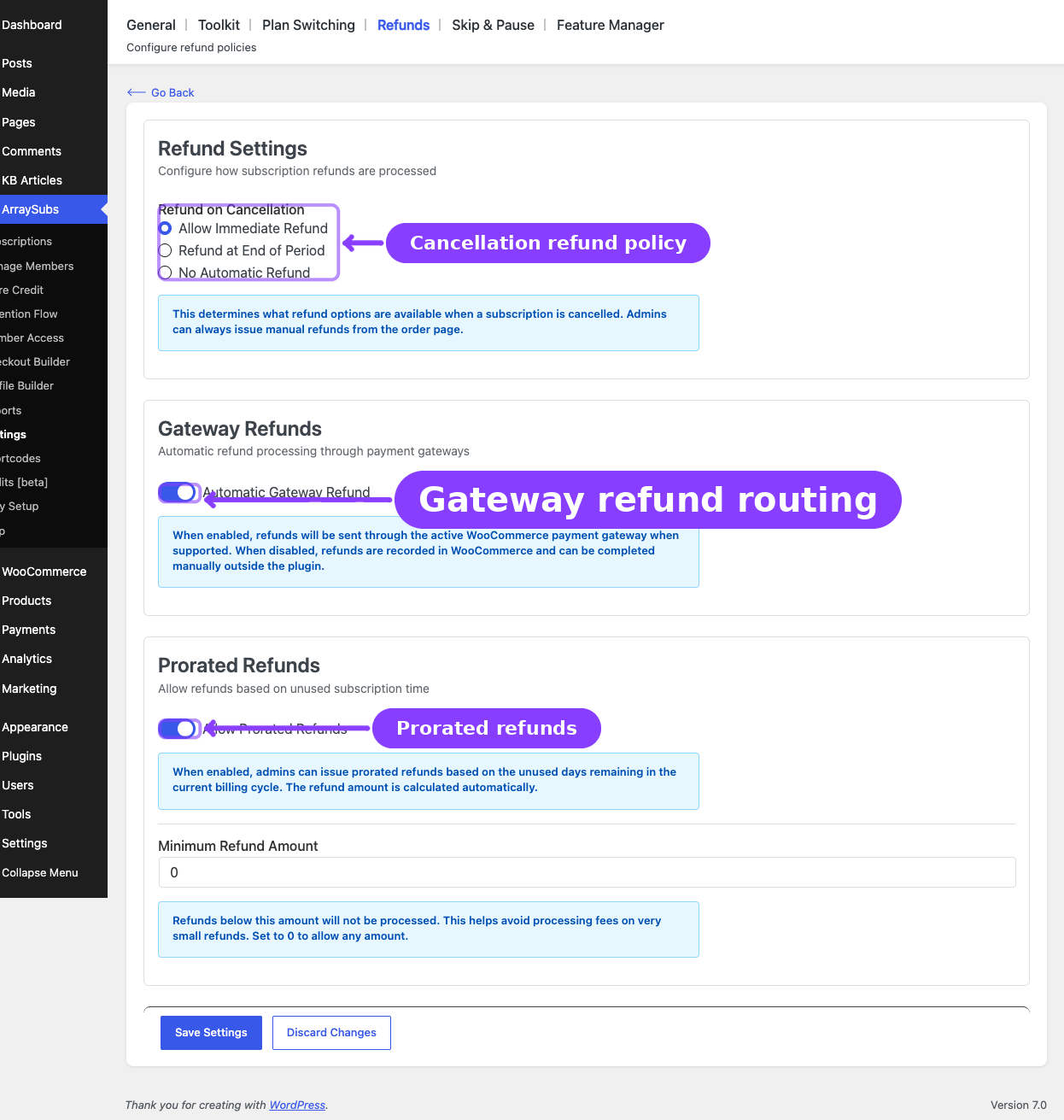 Refunds settings — Refund on Cancellation policy, Automatic Gateway Refund, and Prorated Refunds