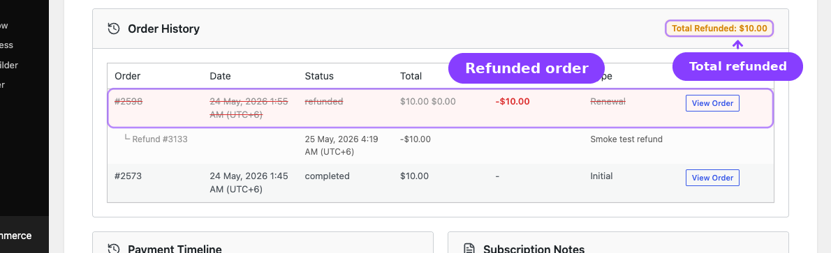 Subscription detail — Total Refunded badge and refunded order row