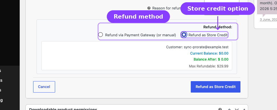 WooCommerce refund form — Refund Method radios with Store Credit selected