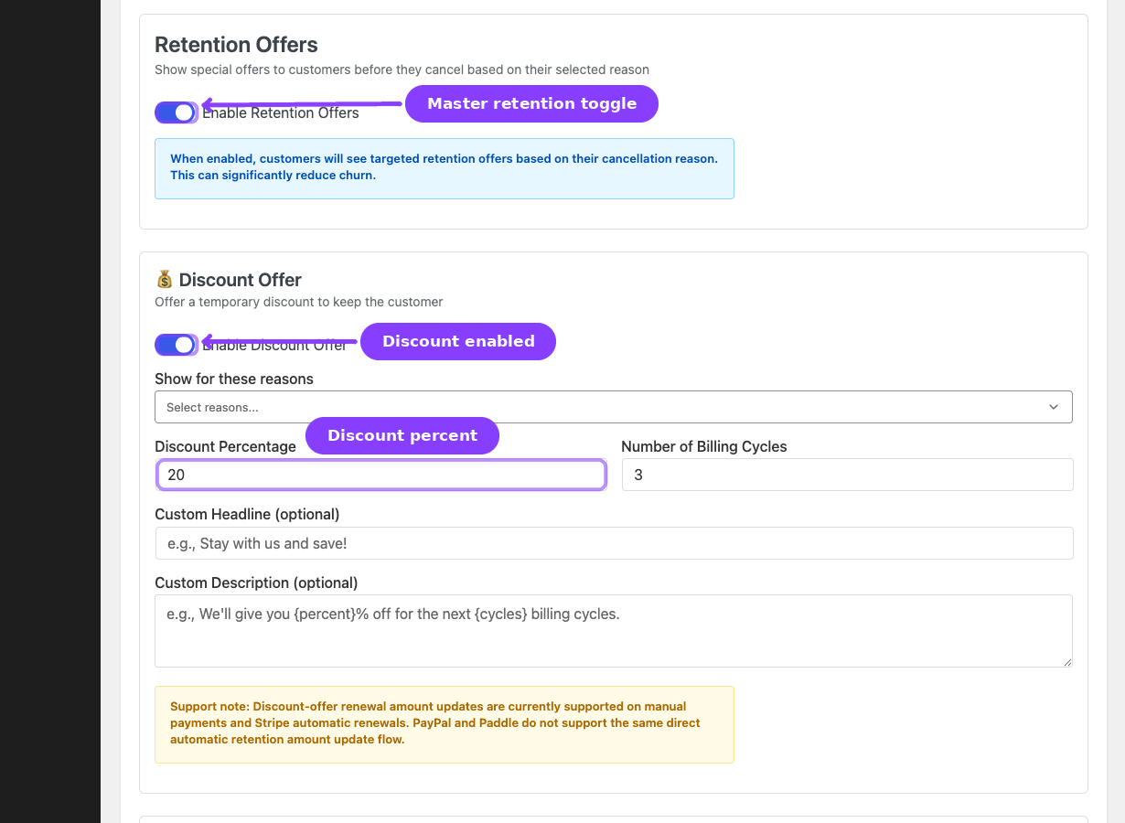 Retention Offers — master toggle, enabled Discount Offer, trigger reasons, and percentage fields