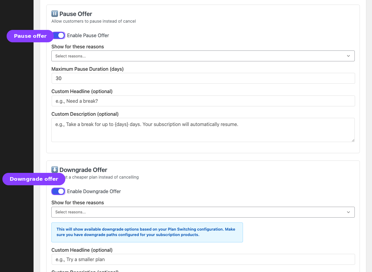 Pause and Downgrade offer fields — enable switches, pause duration, and downgrade helper notice