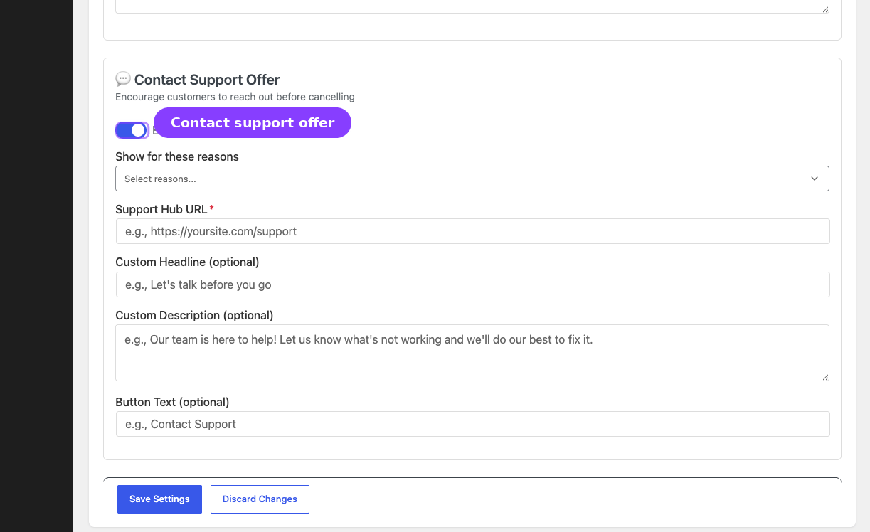 Contact Support offer settings — enable toggle and support URL field