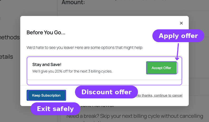 Customer retention modal — Before You Go with Stay and Save offer, Accept Offer, and Keep Subscription