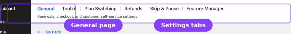 Settings — General tab active with Settings tab row and Multiple Subscriptions card