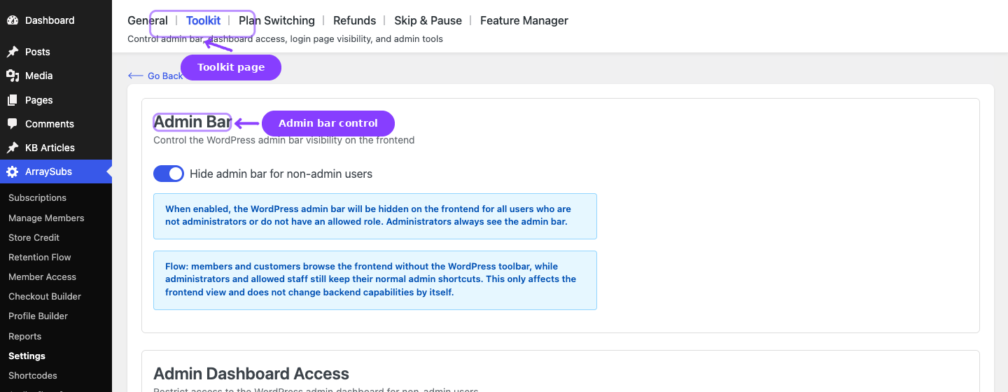 Settings — Toolkit tab active with Admin Bar and Admin Dashboard Access cards