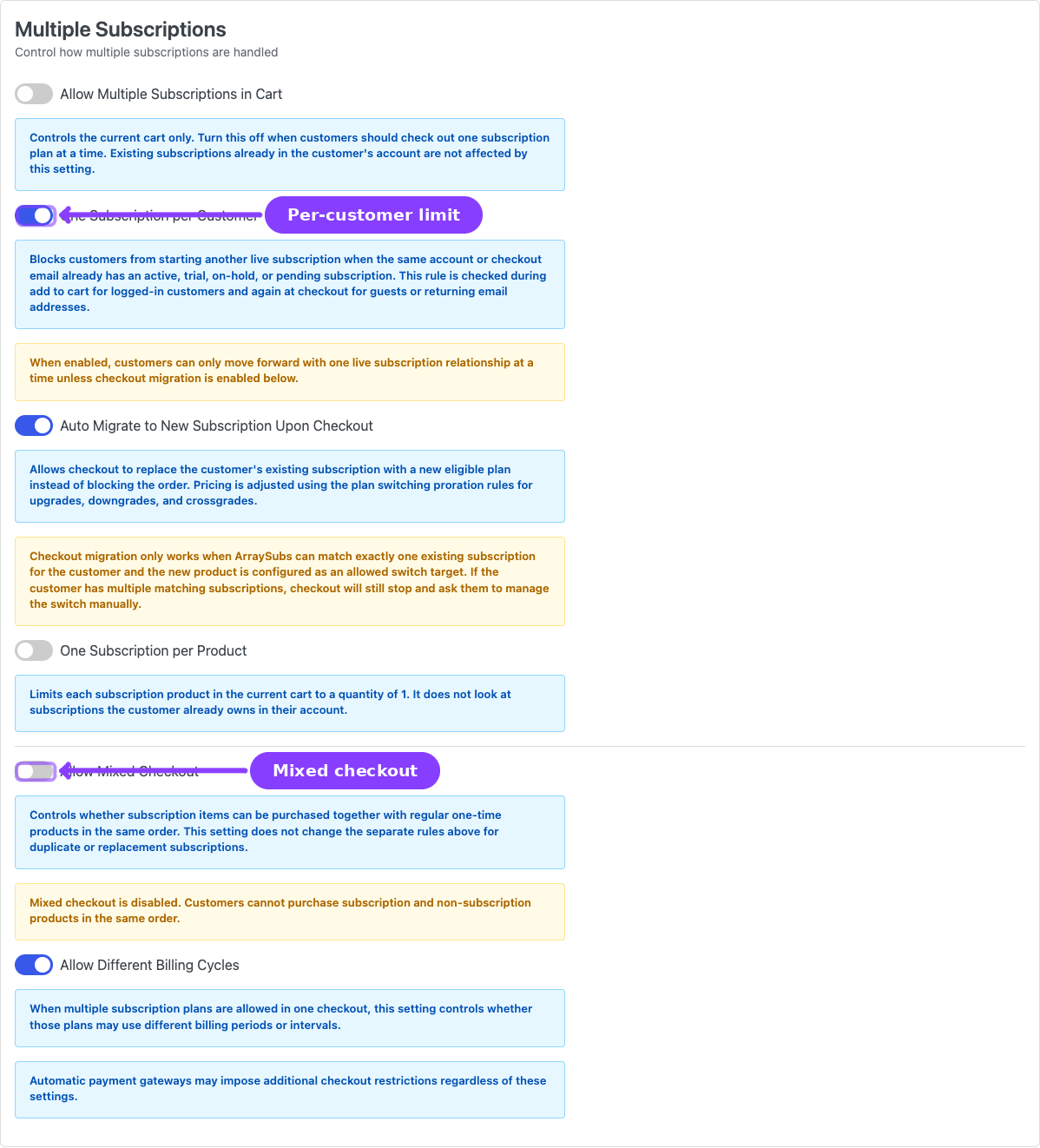 Multiple Subscriptions settings — per-customer limit and mixed checkout switches