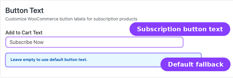 Button Text — Add to Cart Text input and default fallback notice