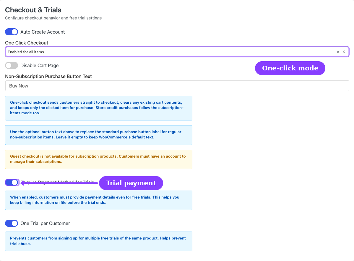 Checkout and Trials — One Click Checkout select and Require Payment Method for Trials switch