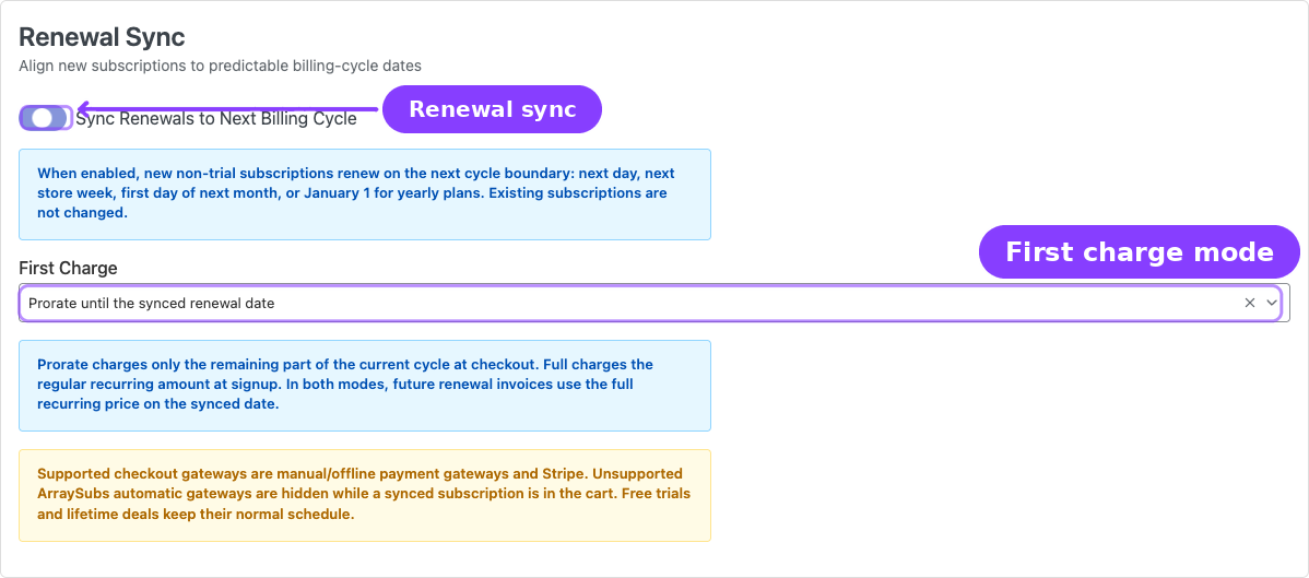 Renewal Sync — sync toggle and First Charge mode select