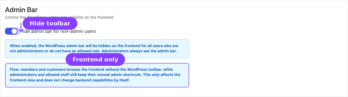 Admin Bar — Hide admin bar switch and frontend-only notice