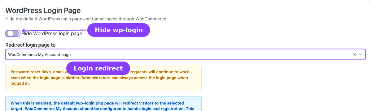 WordPress Login Page — Hide wp-login switch and login redirect dropdown