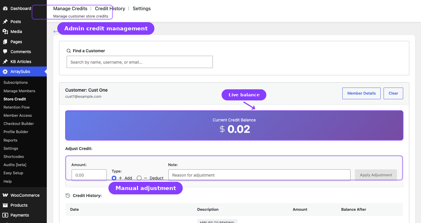 Store Credit admin — Manage Credits tab with customer balance and adjustment form