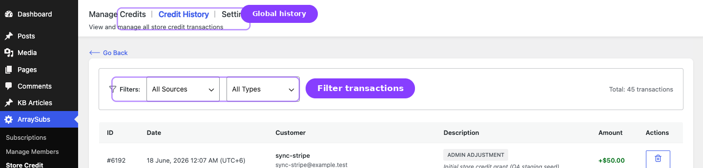 Store Credit admin — Credit History tab with filter controls