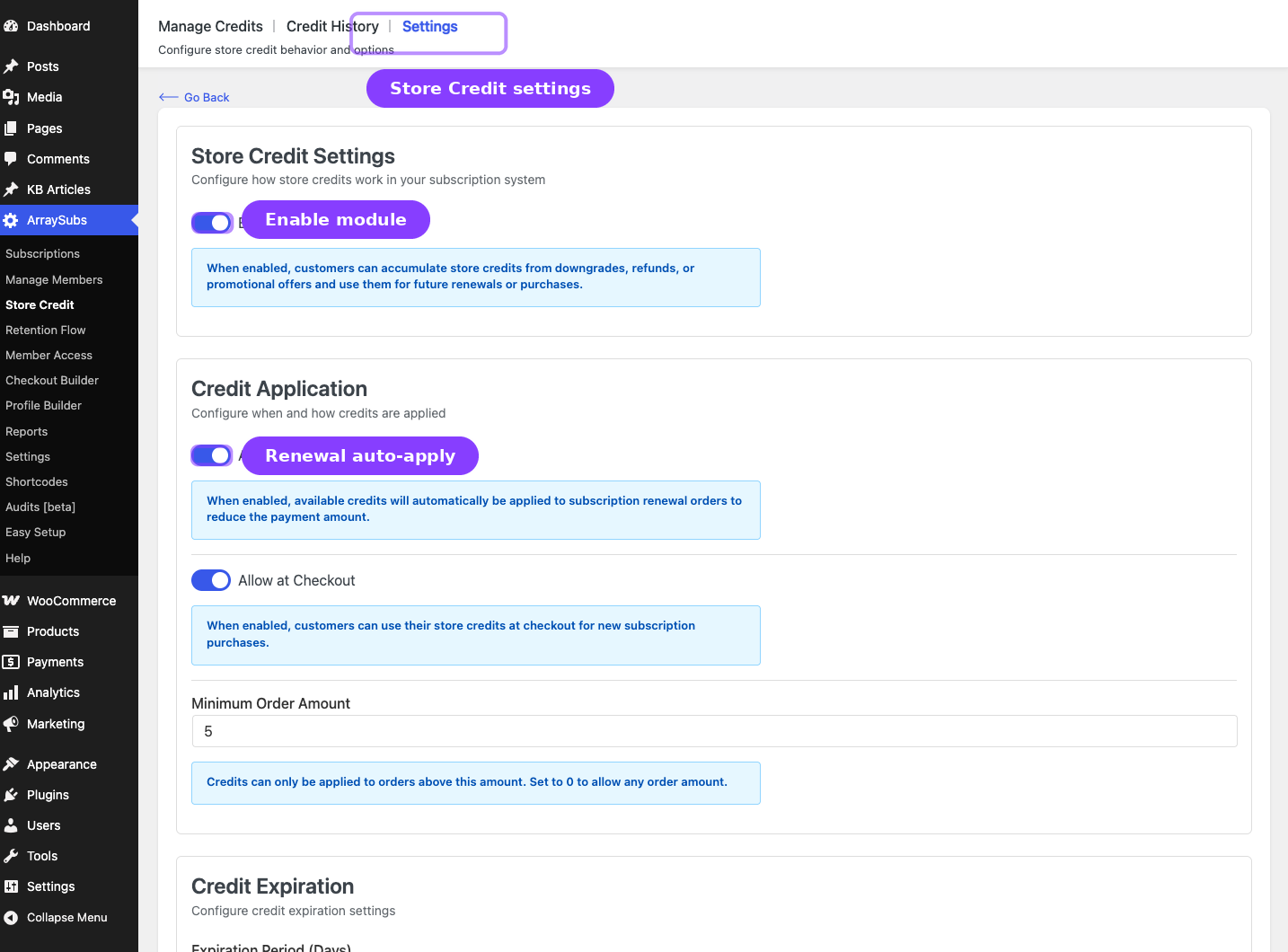 Store Credit admin — Settings tab with Enable switch and application controls