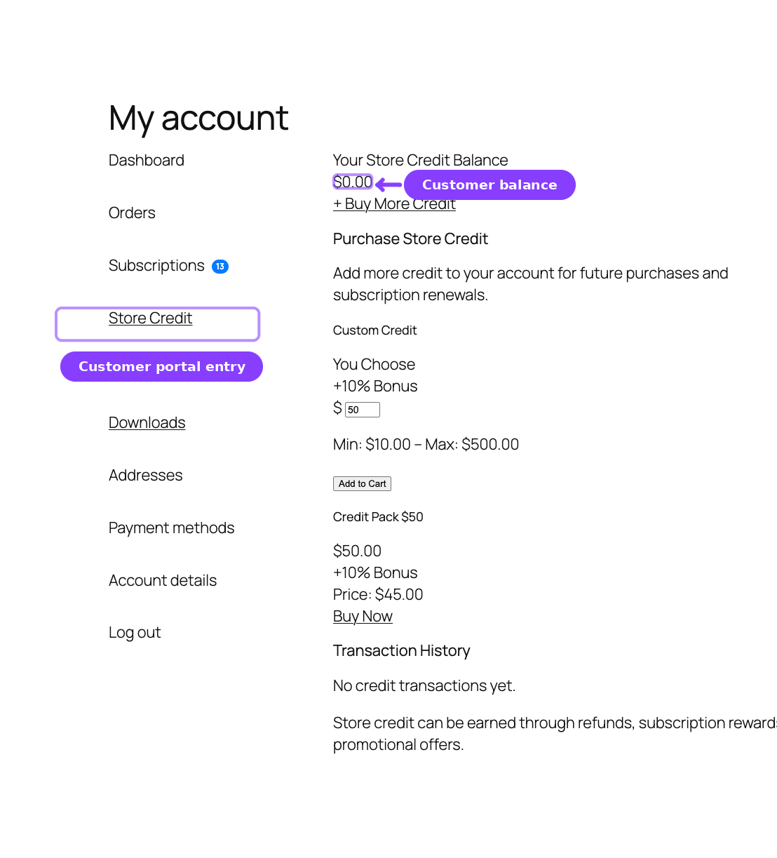 Customer My Account — Store Credit portal with balance and purchase section