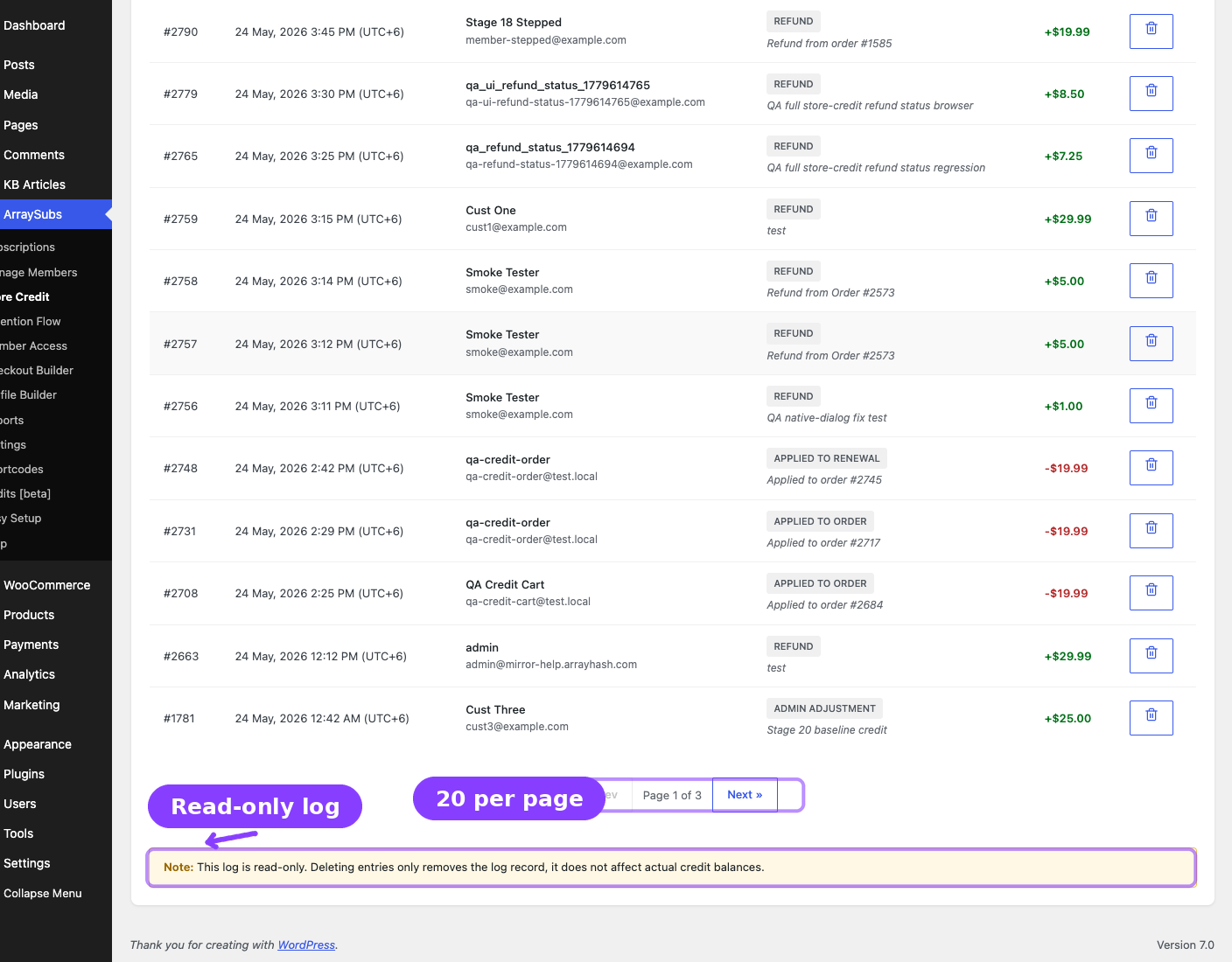Credit History pagination — 20 per page controls and read-only log note