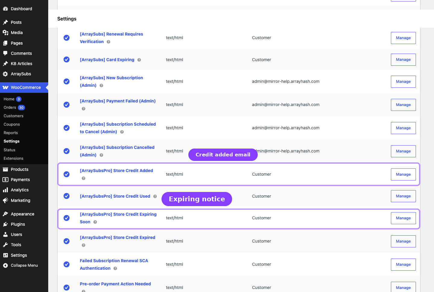 WooCommerce Emails table — Store Credit Added, Used, Expiring Soon, and Expired rows