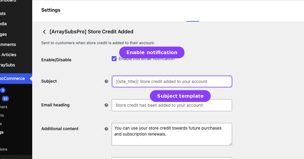 Store Credit Added email settings — Enable checkbox and Subject field