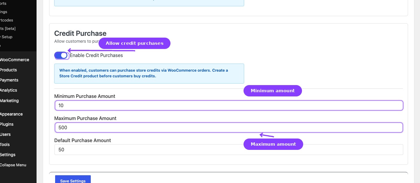 Store Credit purchase settings — Enable Credit Purchases switch and purchase amount controls