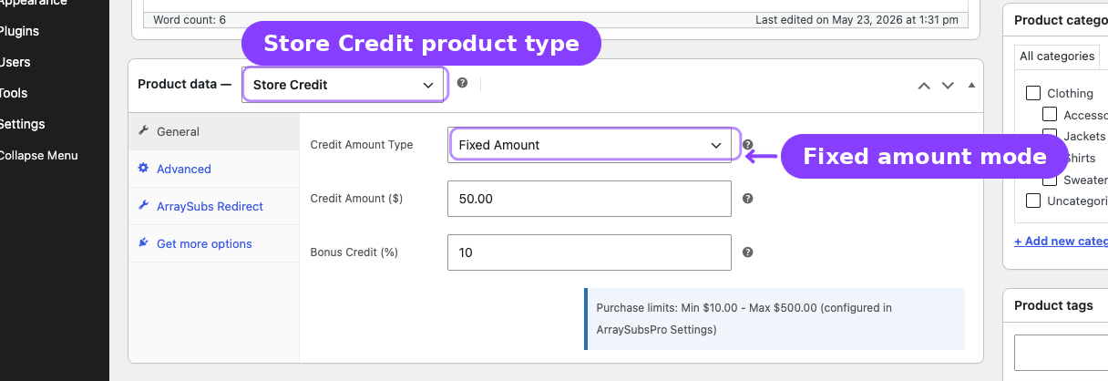 WooCommerce product editor — Store Credit product type and Fixed Amount mode