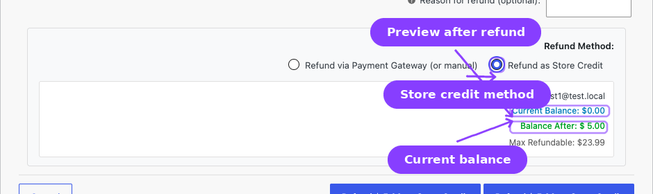 WooCommerce refund panel — Store Credit method selected with balance preview