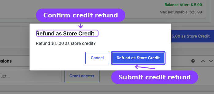 Refund confirmation modal — Refund as Store Credit dialog