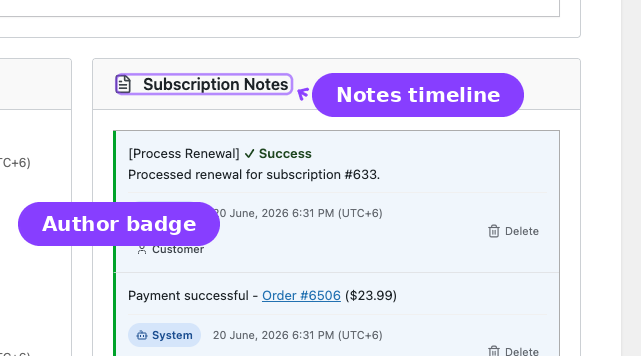 Subscription Notes panel — Notes timeline and System author badge