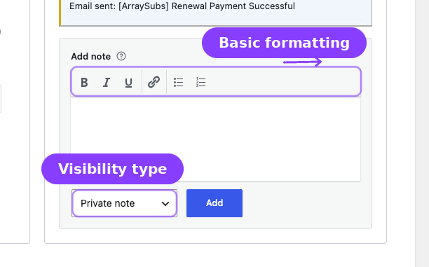 Subscription Notes add-note editor — formatting toolbar, visibility selector, and Add button