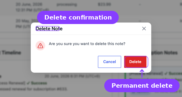 Delete Note confirmation modal — modal title, Delete button, and Cancel button