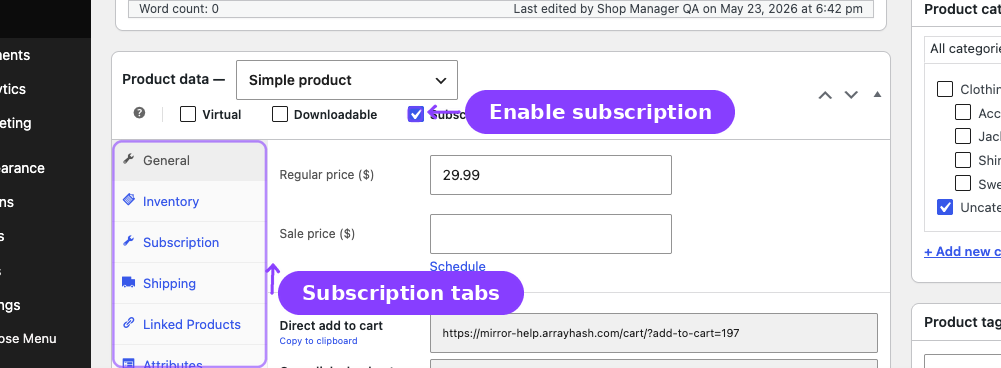Subscription product editor — Subscription checkbox and product data tabs overview