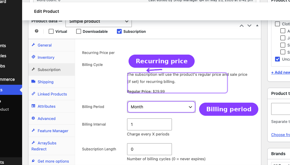 Simple subscription product — Subscription checkbox, Billing Period, Interval, and Length fields
