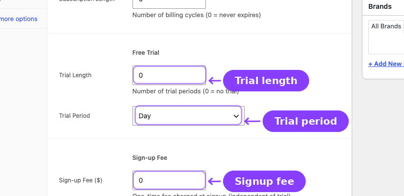 Free Trial and Sign-up Fee fields — Trial Length, Trial Period, and Sign-up Fee