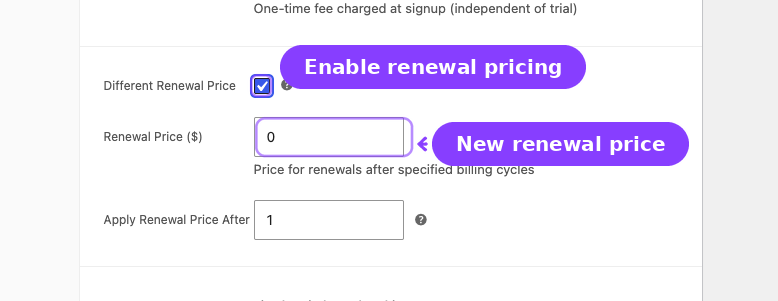Different Renewal Price — enable checkbox, Renewal Price, and Apply Renewal Price After fields