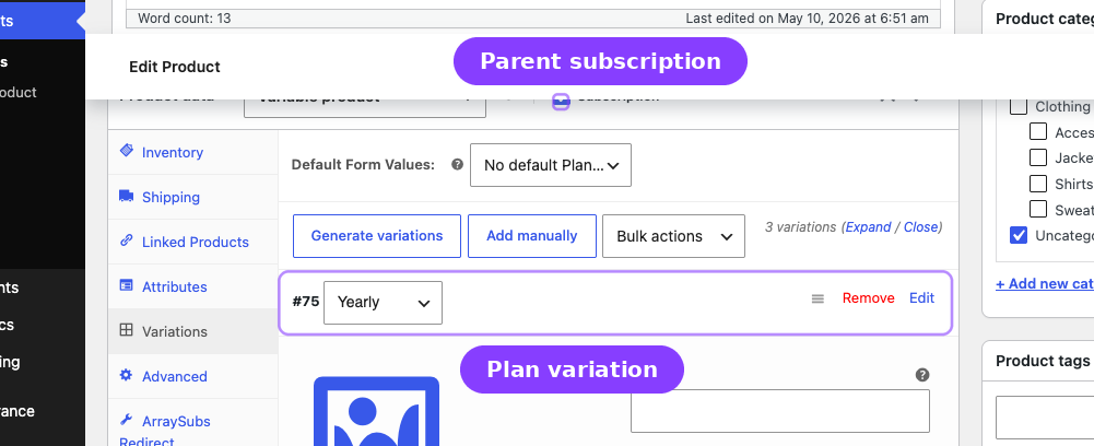 Variable product editor — parent Subscription checkbox, Variations tab, and expanded variation