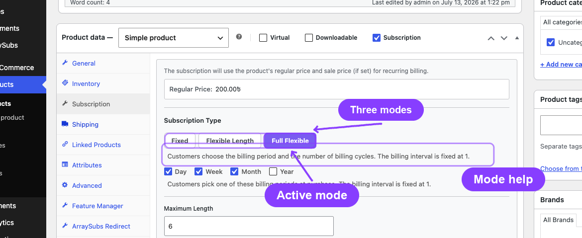 Subscription tab — Subscription Type toggle with Fixed, Flexible Length, and Full Flexible buttons above the Billing Schedule